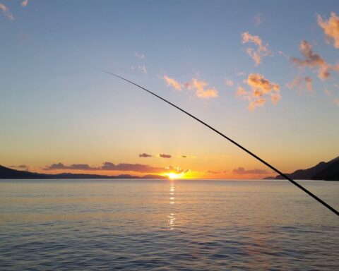Serene sunset view with fishing silhouette over calm bay waters.
