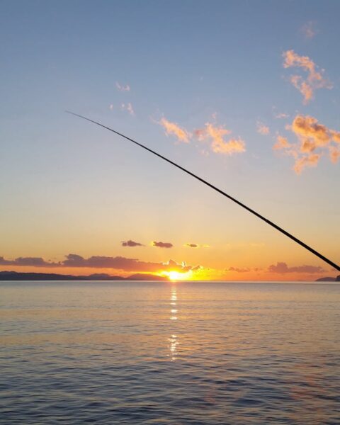 Serene sunset view with fishing silhouette over calm bay waters.