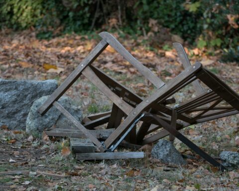 a broken wood bench