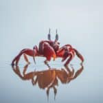 Close-up of a vibrant red crab on water displaying a perfect reflection.