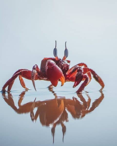 Close-up of a vibrant red crab on water displaying a perfect reflection.