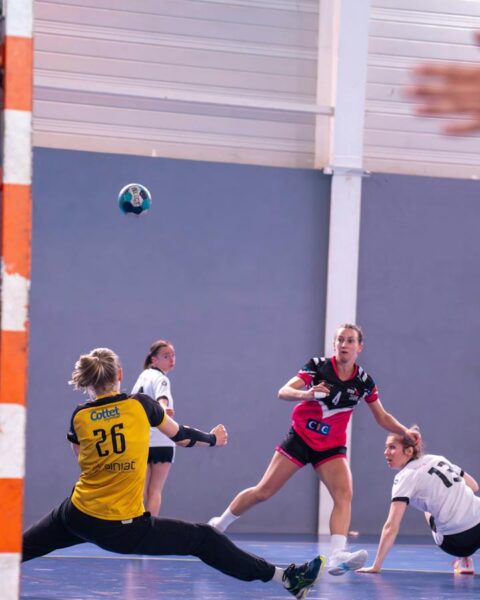 Dynamic action shot of a women's handball match with players in mid-movement.