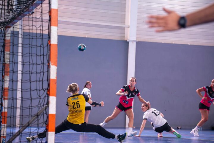 Dynamic action shot of a women's handball match with players in mid-movement.