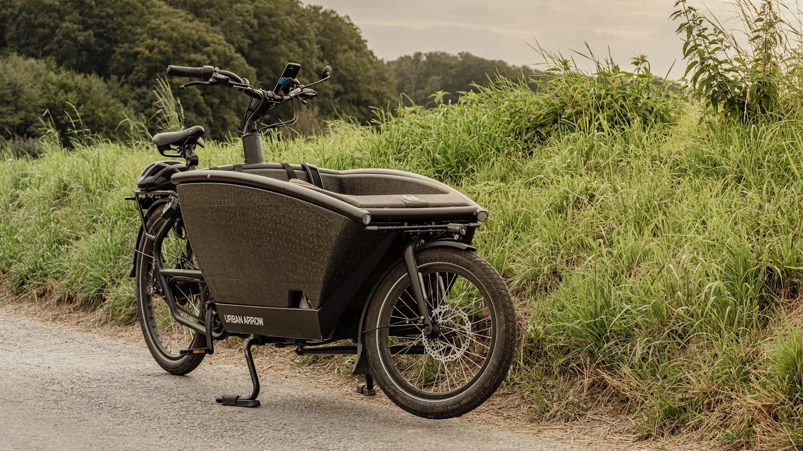 Vintage black cargo bike parked by grassy roadside in Düsseldorf, Germany.