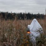Ghost costume in autumnal field holding a lantern, perfect for Halloween spirit.