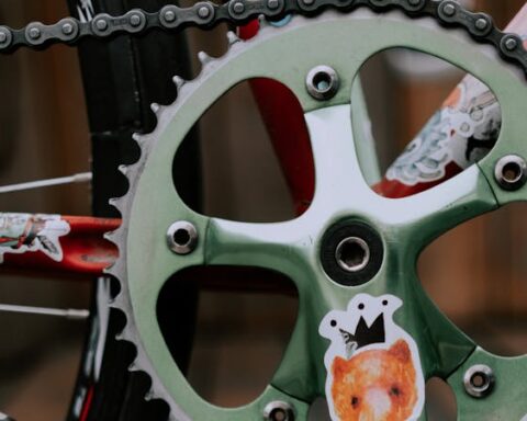 Close-up view of a bicycle crankset featuring colorful animal stickers.